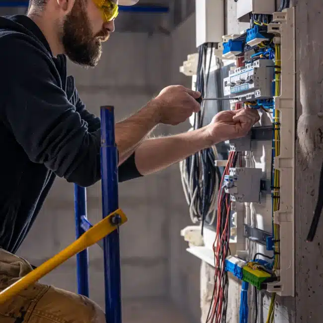 Électricien en intervention sur tableau électrique à Amiens.